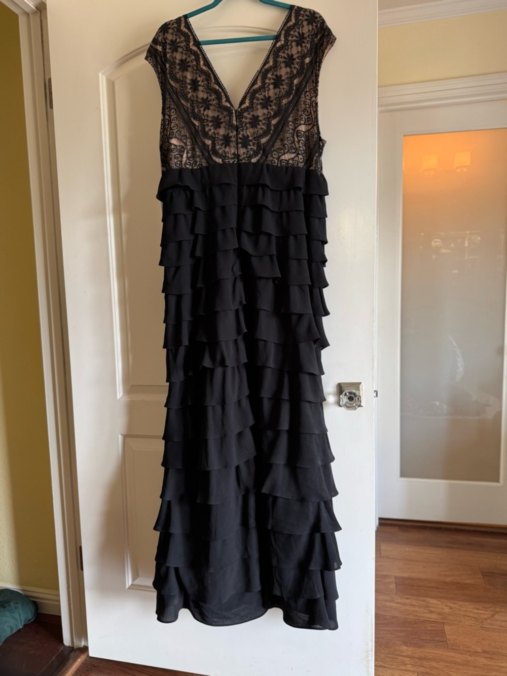 Adrianna Papell Black Lace Bodice Ruffle-Tiered Maxi Dress